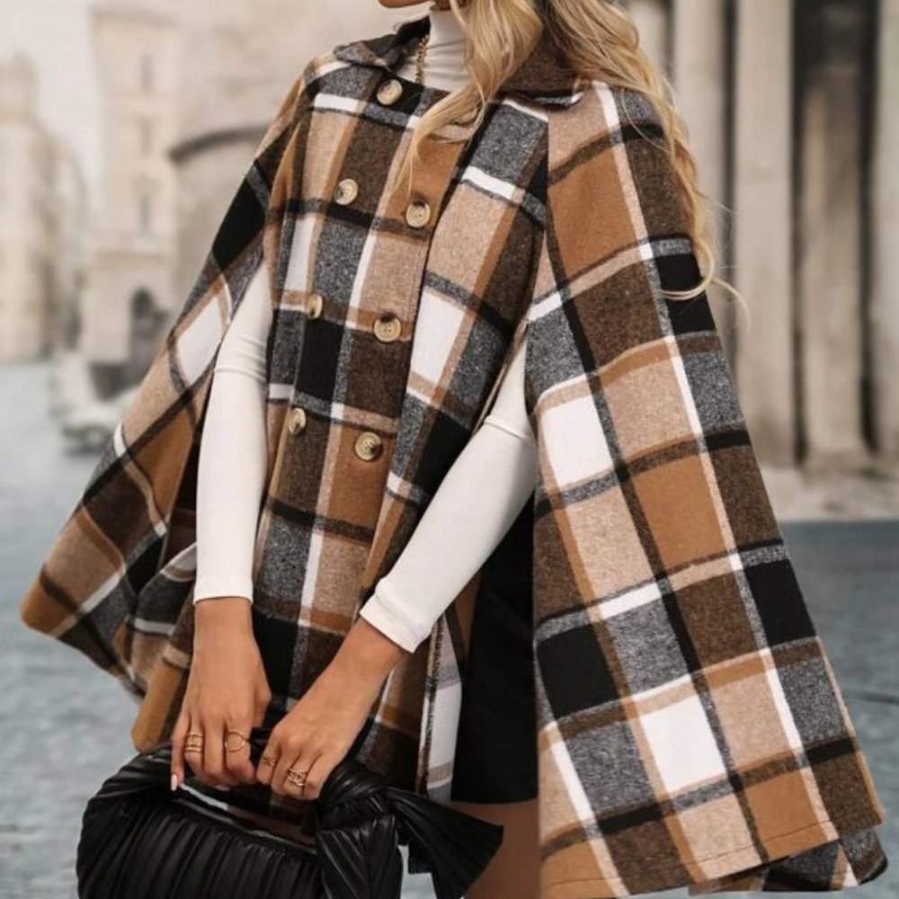 Double Breasted Plaid Print Cloak Sleeve Coat jacket cape - Picture 5 of 6